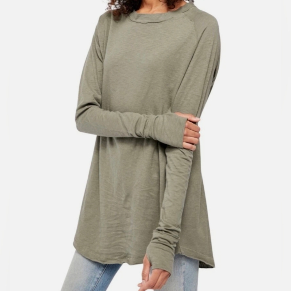 Free People We the Free Arden Tee long Sleeve Washed Army Green OVERSIZED New!